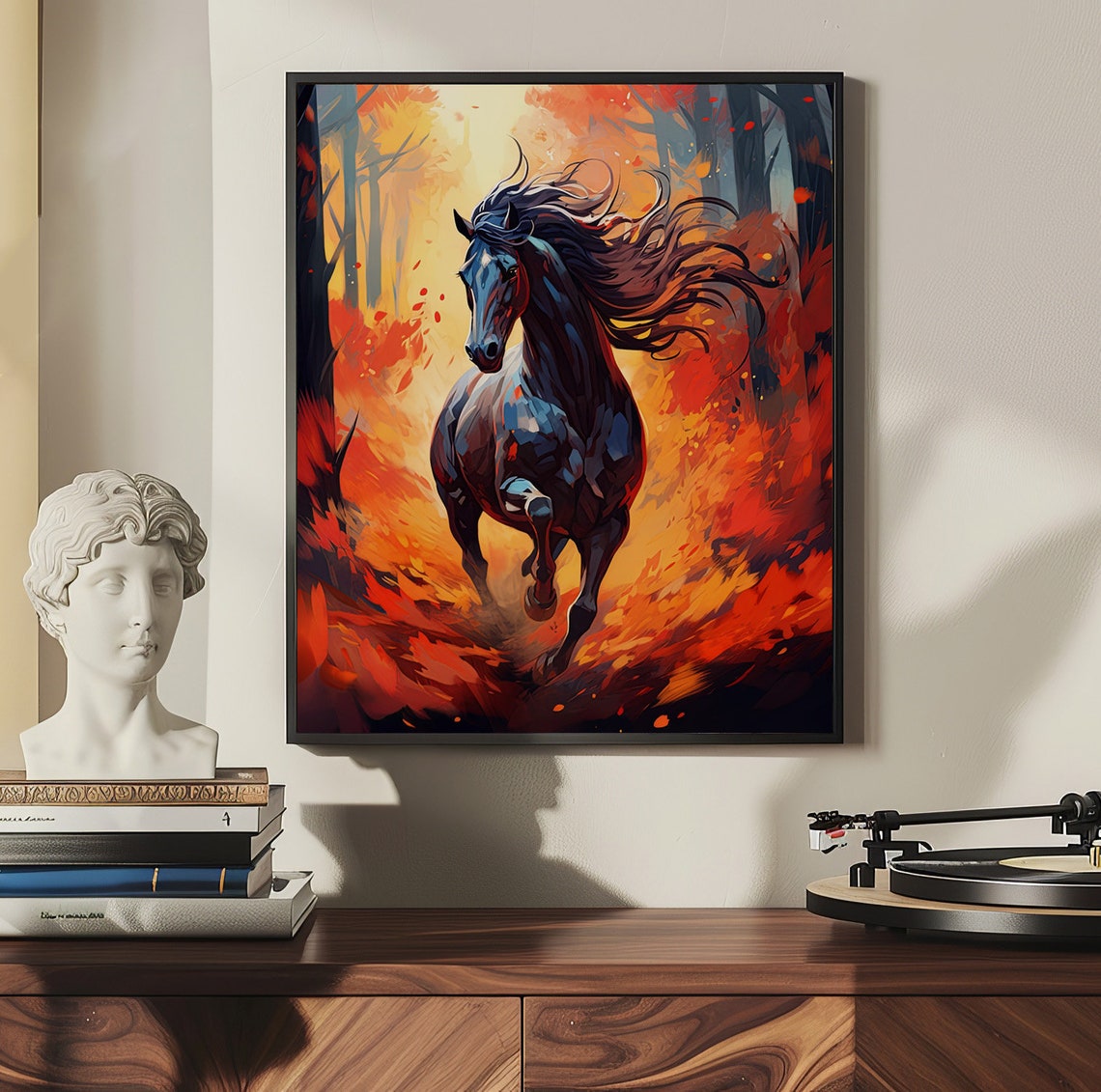 Black Horse Galloping Through a Blazing Autumn Fire Forest Poster