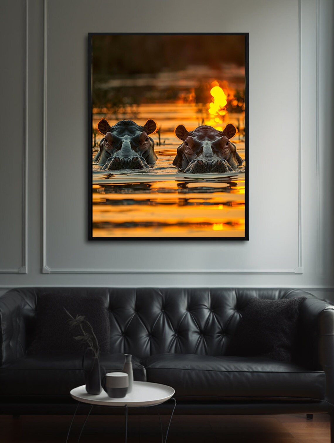 Majestic Two Hippos Watching Golden Sunset Over an African River Poster - Image 7