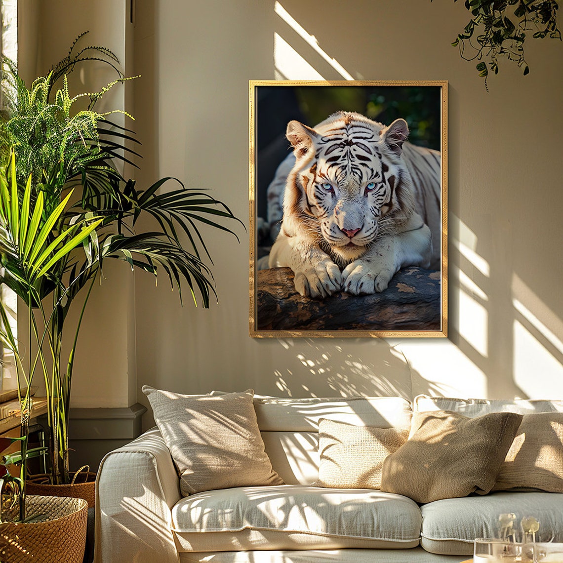 Albino White Tiger Portrait Lying Majestically on a Rock Poster - Image 2