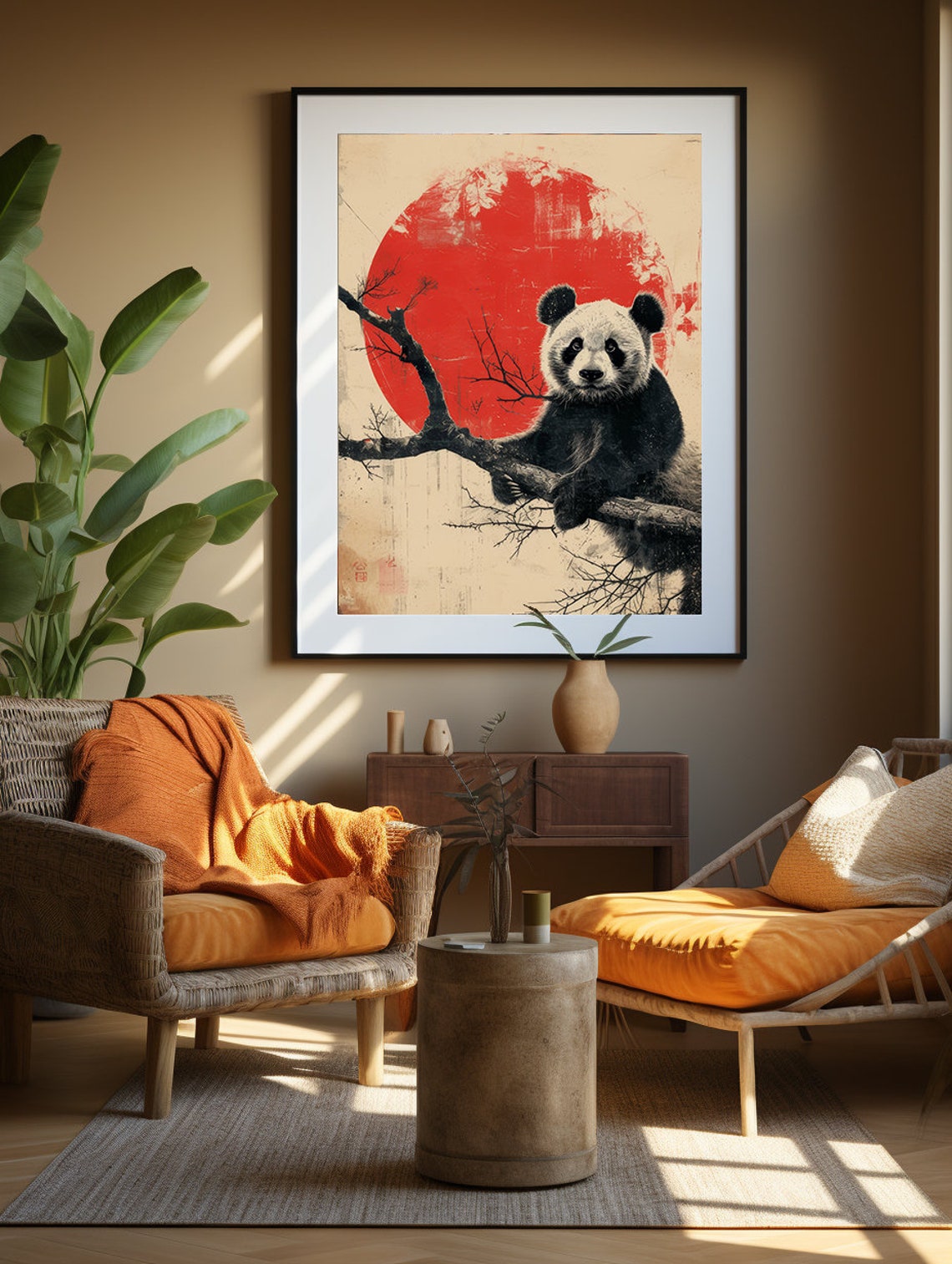 Panda Resting on a Tree Branch Beneath a Bold Red Sun Poster - Image 7