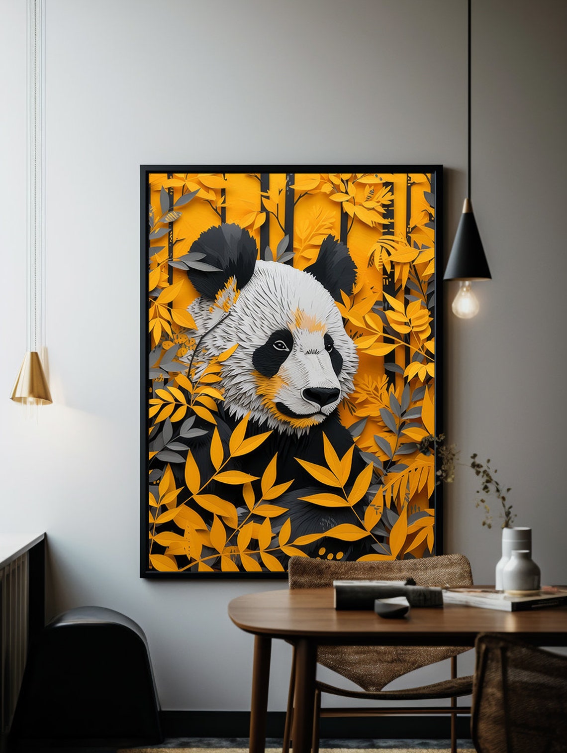 Paper Cut Panda Hiding Among Golden Yellow Autumn Foliage Poster