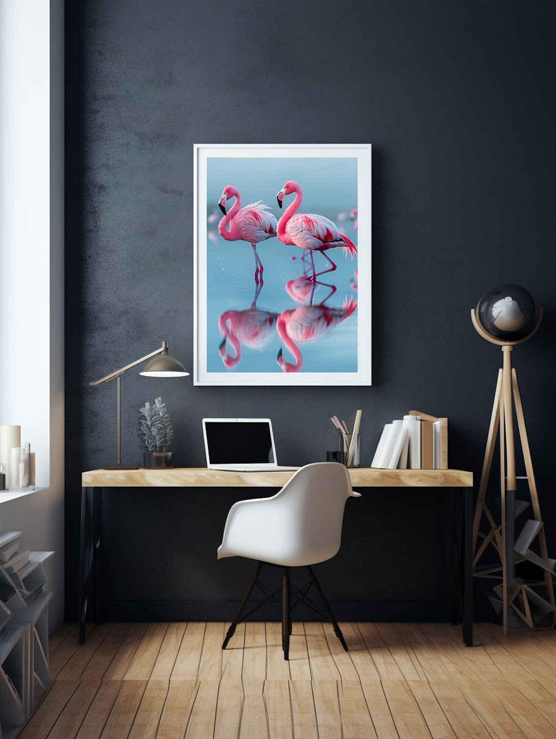 Two Elegant Pink Flamingos Reflected in Calm Turquoise Water Poster - Image 6