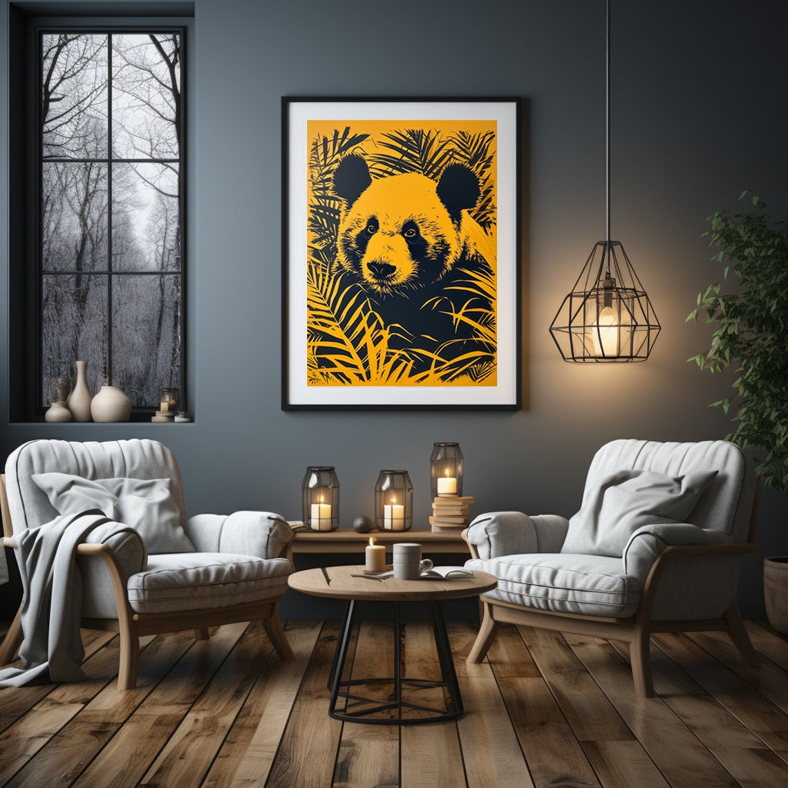 Bold Yellow and Black Pop Art Panda Head in Tropical Leaves Poster