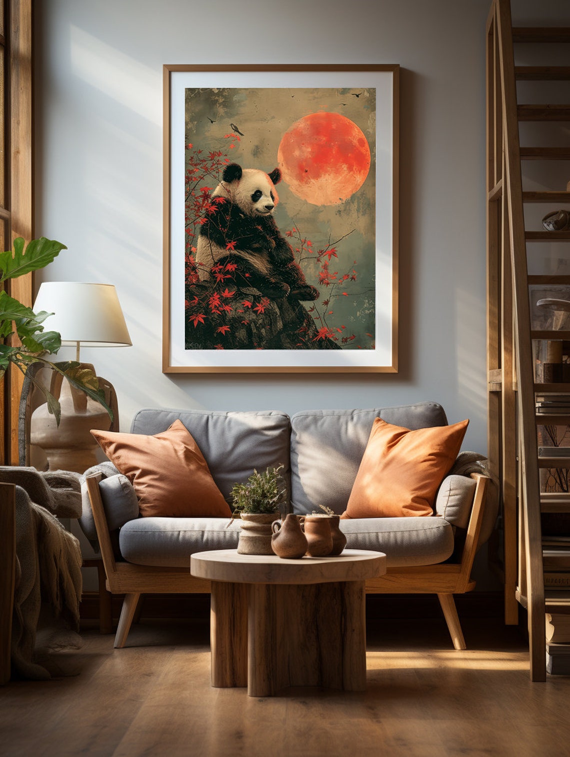 Panda Sitting on a Rocky Perch Beneath a Giant Glowing Red Moon Poster - Image 6