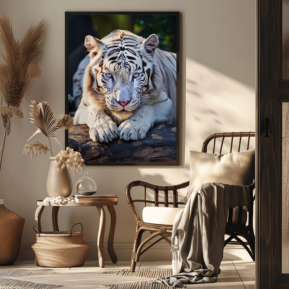 Albino White Tiger Portrait Lying Majestically on a Rock Poster - Image 4