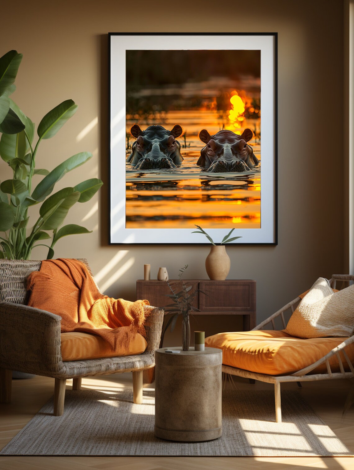 Majestic Two Hippos Watching Golden Sunset Over an African River Poster