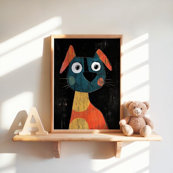Abstract Dog Art Print Colorful Puppy Wall Decor Modern Pet Illustration For Kids Room Instant