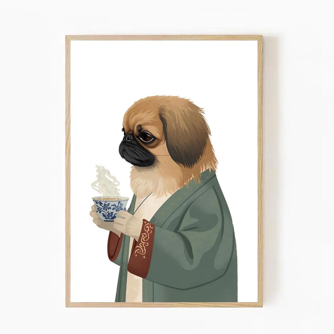 Pekingese In Sage Robe Sipping Tea Cute Dog Lover Wall Poster