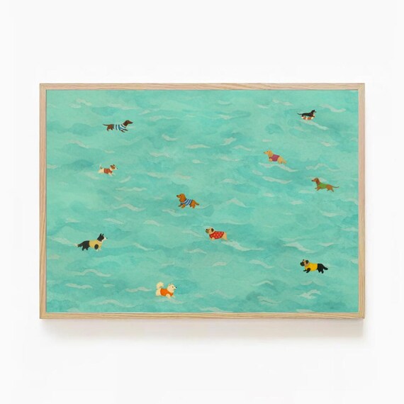 Dachshund Dogs Swimming in Turquoise Sea Cute Playful Summer Beach Poster