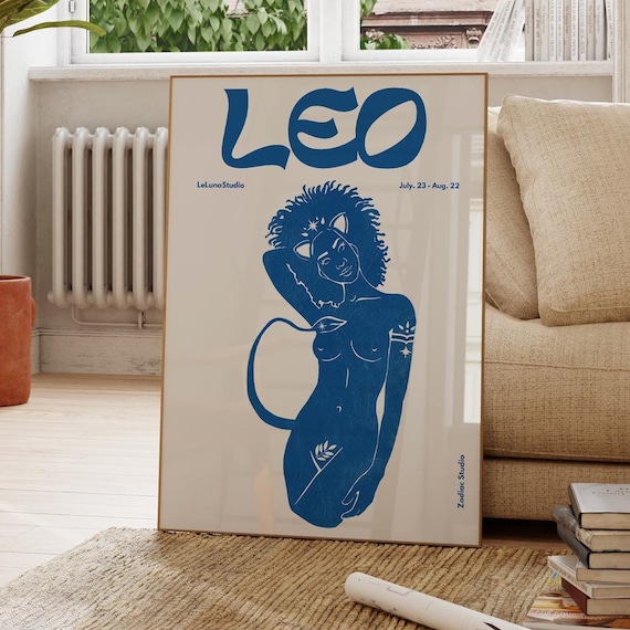 Retro Blue Leo Zodiac Lion Goddess July 23 to Aug 22 Sign Poster