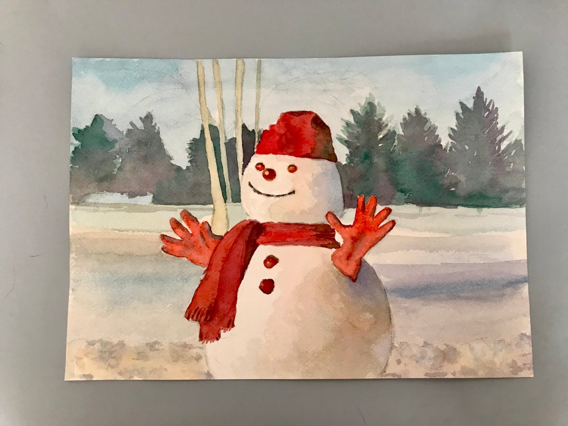 Cheerful Snowman Waving in Red Hat and Scarf Winter Scene Poster - Image 2