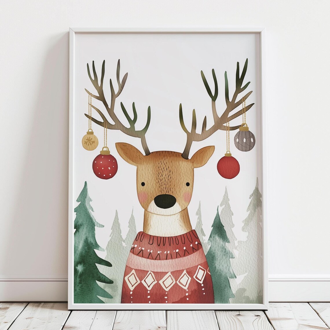 Reindeer Nordic Sweater Ornament Antlers Christmas Watercolor Poster