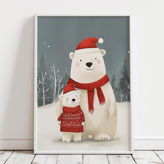 Polar Bear Nursery Wall Art Nordic Winter Art Holiday Home Decor Kids Room Christmas Wall Art Playroom Xmas Prints