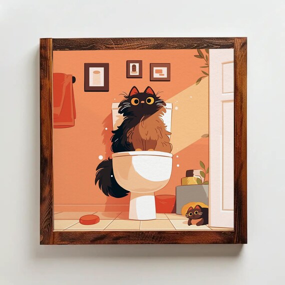 Cute Fluffy Black Cat Sitting On Toilet Bathroom Humor Poster