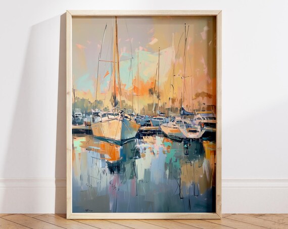 Golden Sunset Over Sailboat Marina Warm Impressionist Art Poster