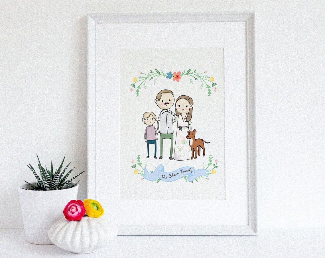 Custom Cartoon Family of Three Portrait with Ribbon Banner Poster - Image 2