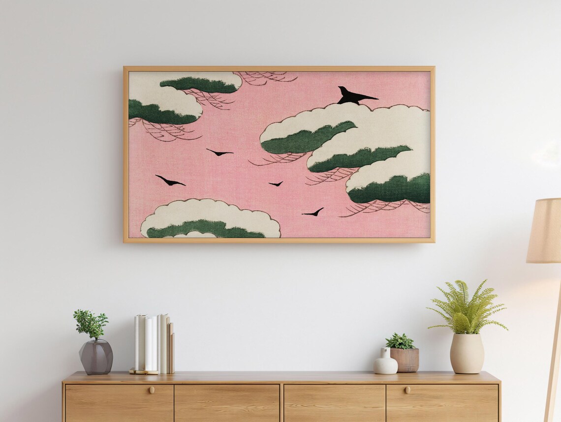 Pink Sky Snowy Pine Japanese Woodblock Style Birds Art Print - Image 4
