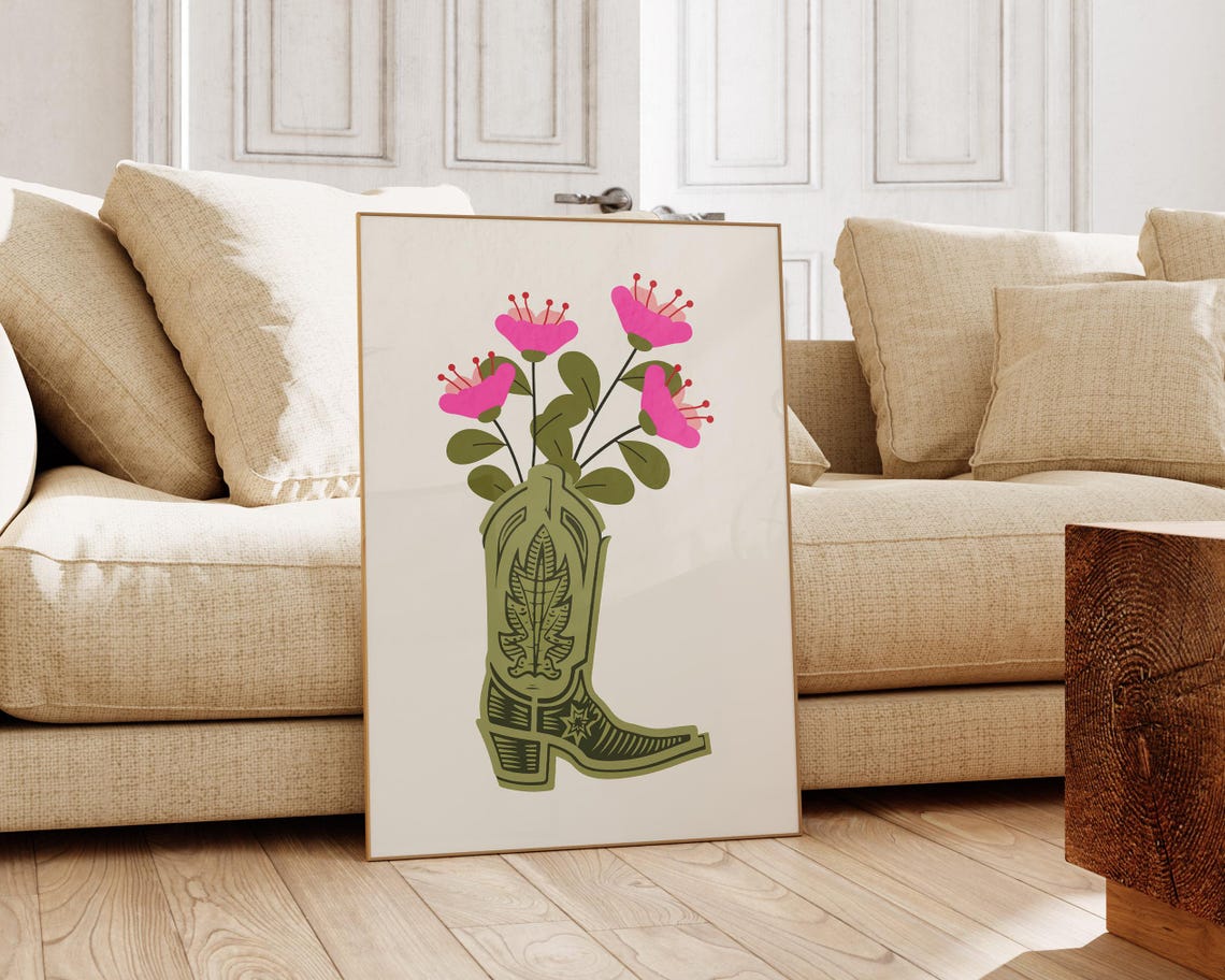 Cowboy Boot Pink Flowers Western Floral Sage Green Art Poster - Image 4