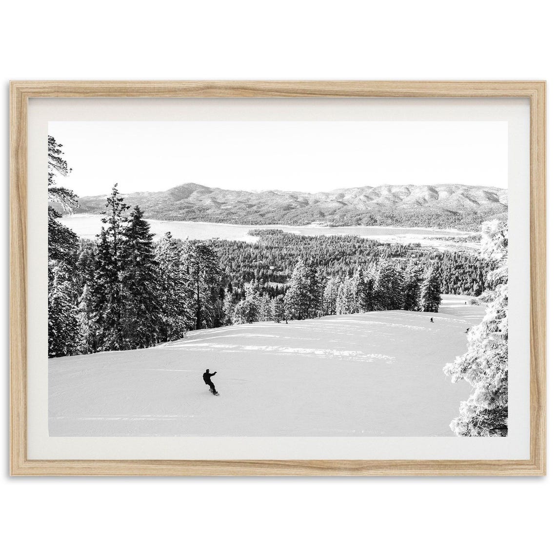 Snowboarder on Snowy Slope Black and White Winter Photo Poster