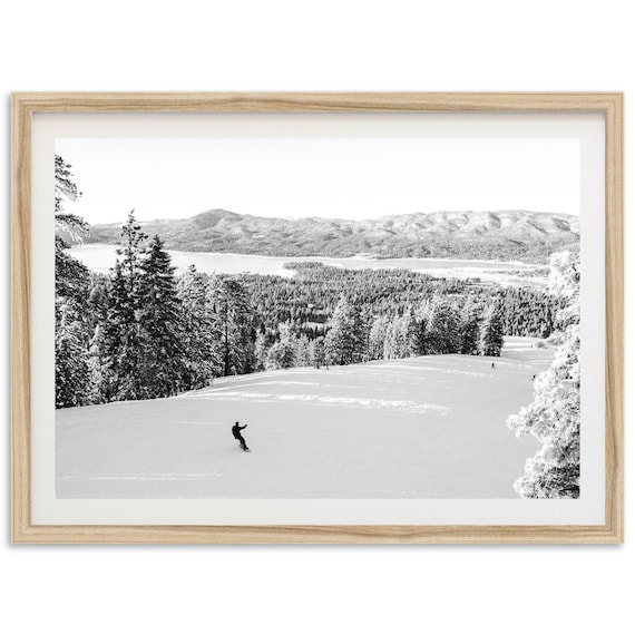 Snowboarder on Snowy Slope Black and White Winter Photo Poster