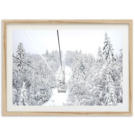 Framed Fine Art Mountain Ski Lift Print Black And White Winter Snow Forest Cabin Photography Home Wall Decor