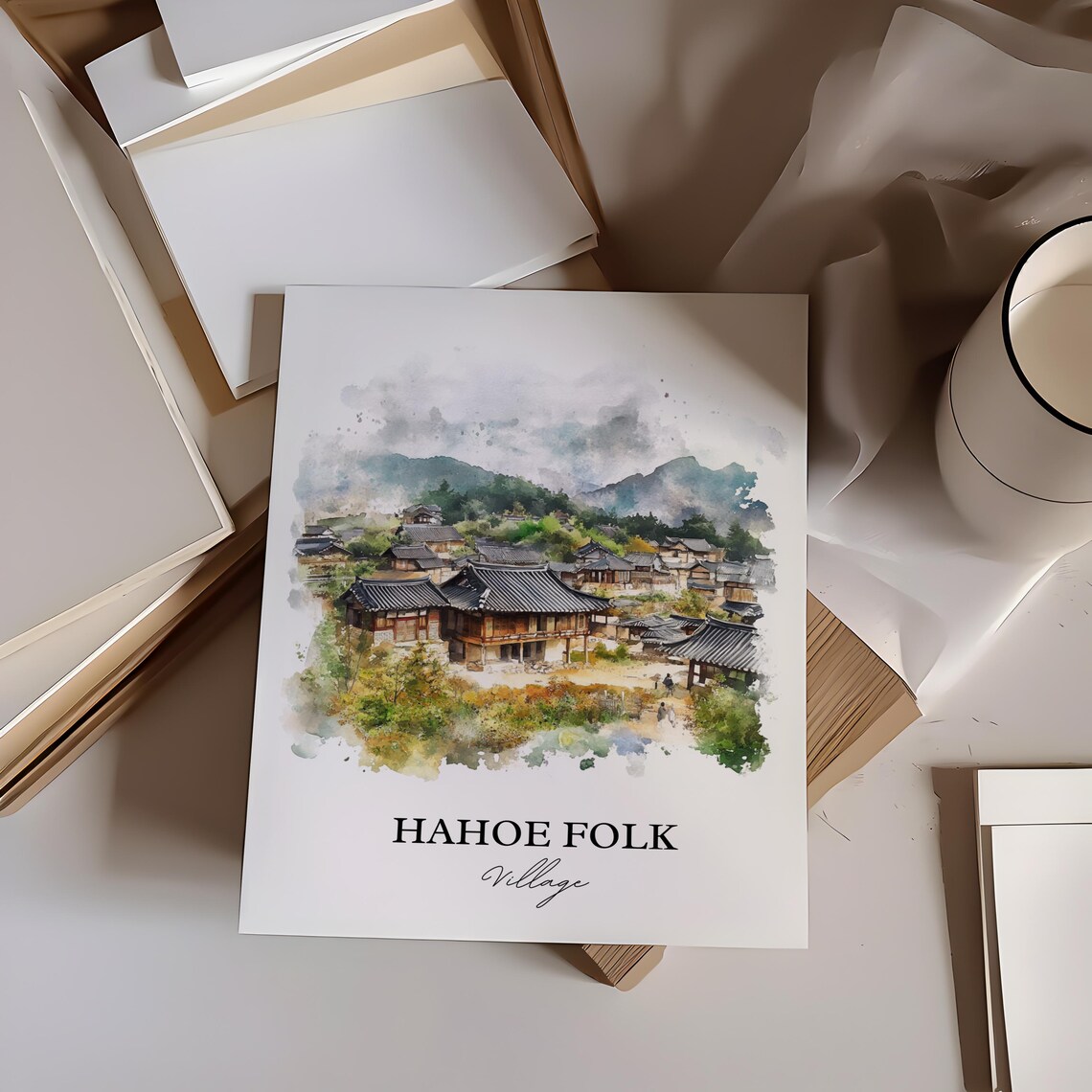 Hahoe Folk Village Watercolor Korean Hanok Houses Travel Poster - Image 2
