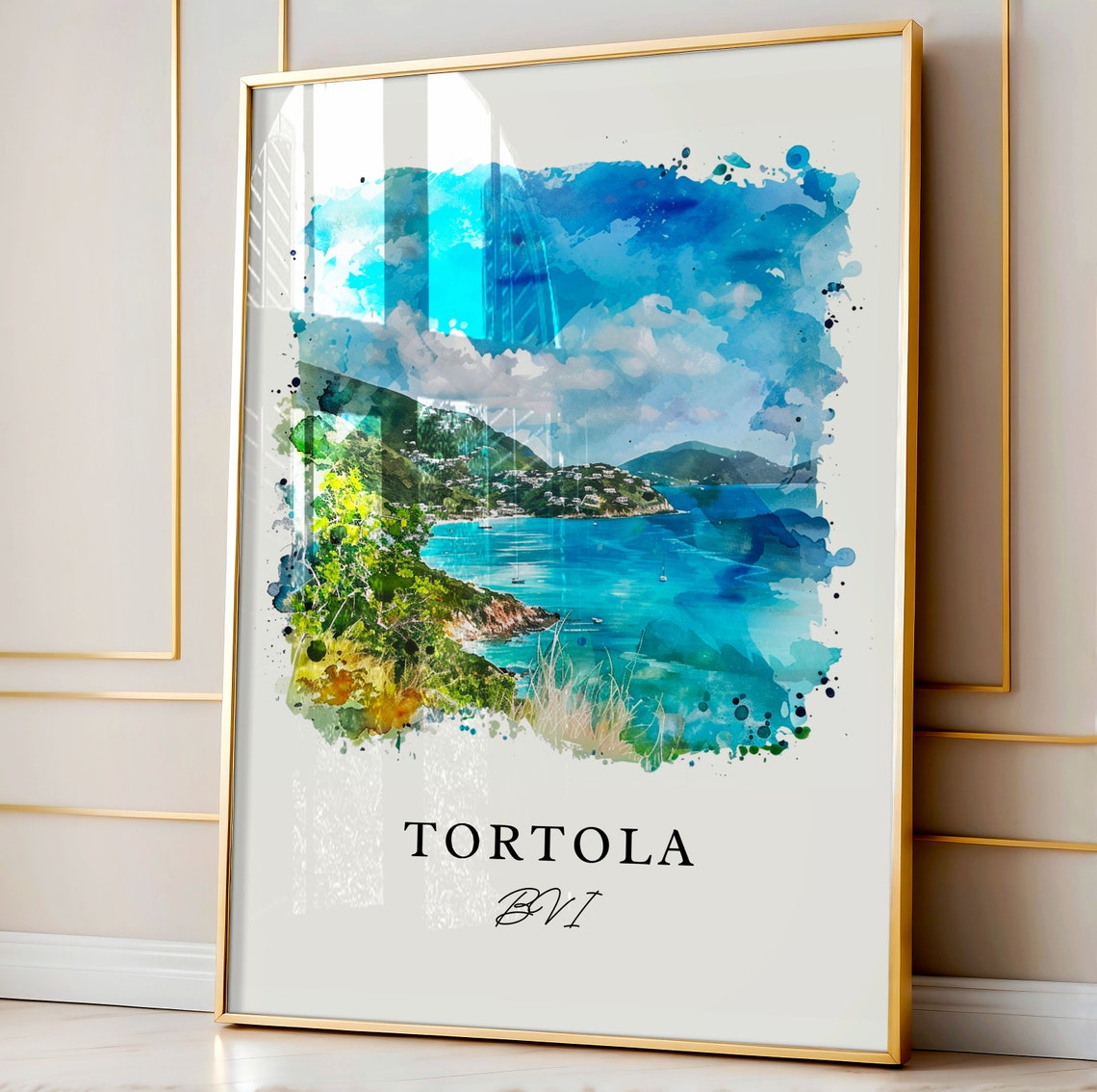 Tortola BVI Watercolor Turquoise Bay Caribbean Coast Scene Poster - Image 4