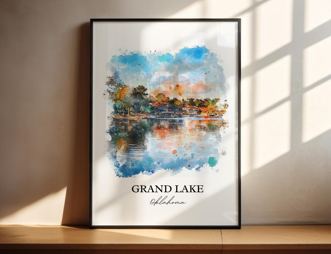 Grand Lake Oklahoma Sunset Lakeshore Cabins Watercolor Poster