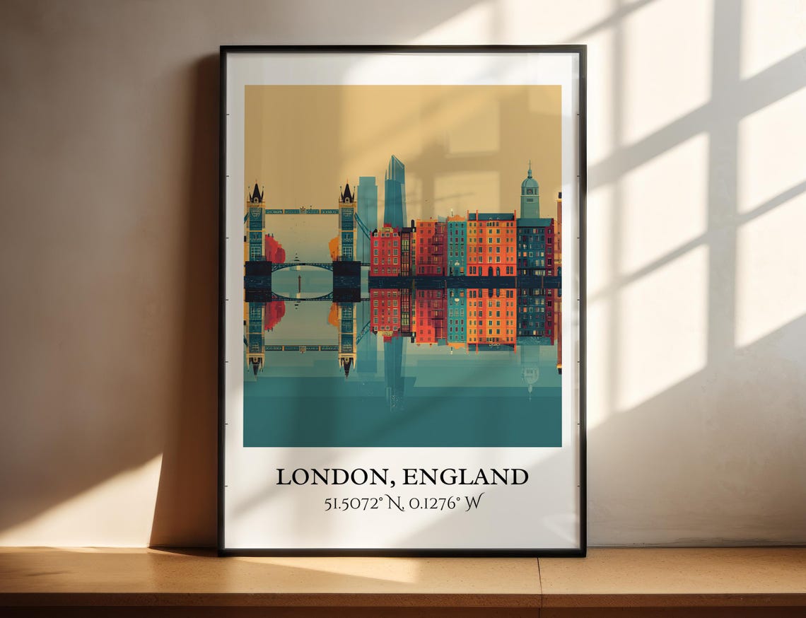 London England Tower Bridge Reflection Teal Vintage Style Art Poster