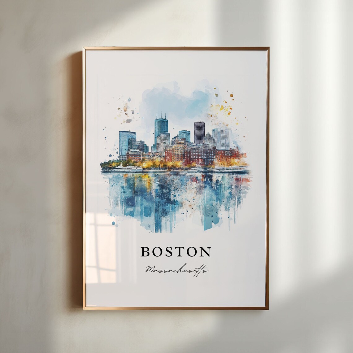 Boston MA Watercolor Travel Poster, Harbor Print