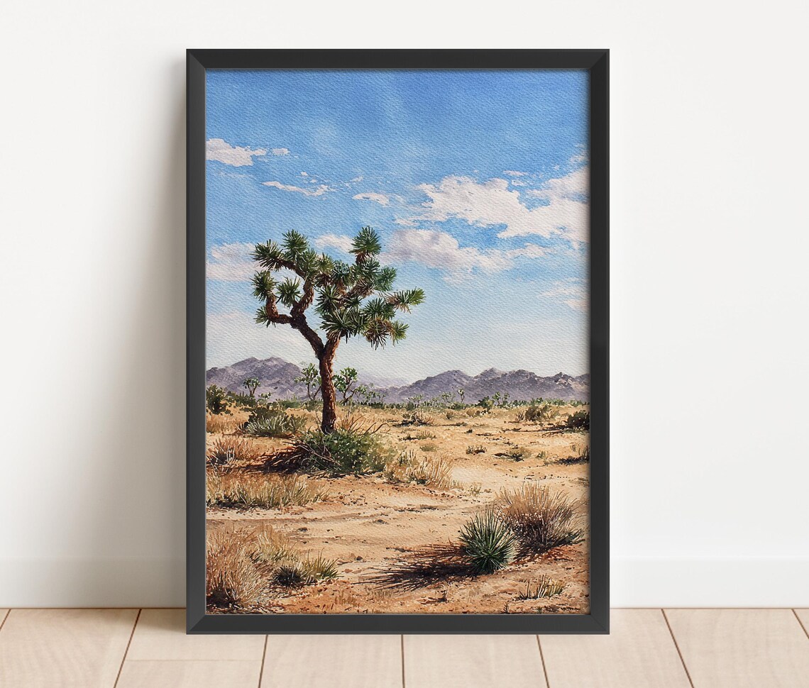 Joshua Tree Desert Landscape Blue Sky Watercolor California Mojave Poster