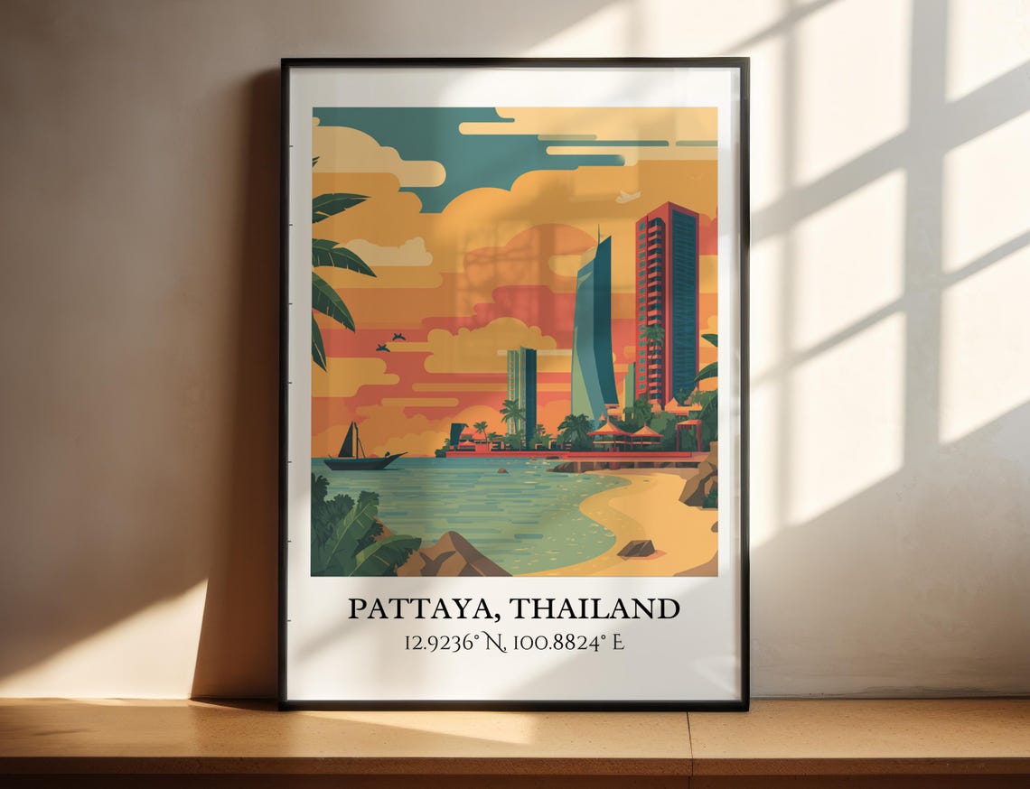 Pattaya Thailand Beach Sunset High Rises Sailboat Retro Travel Poster