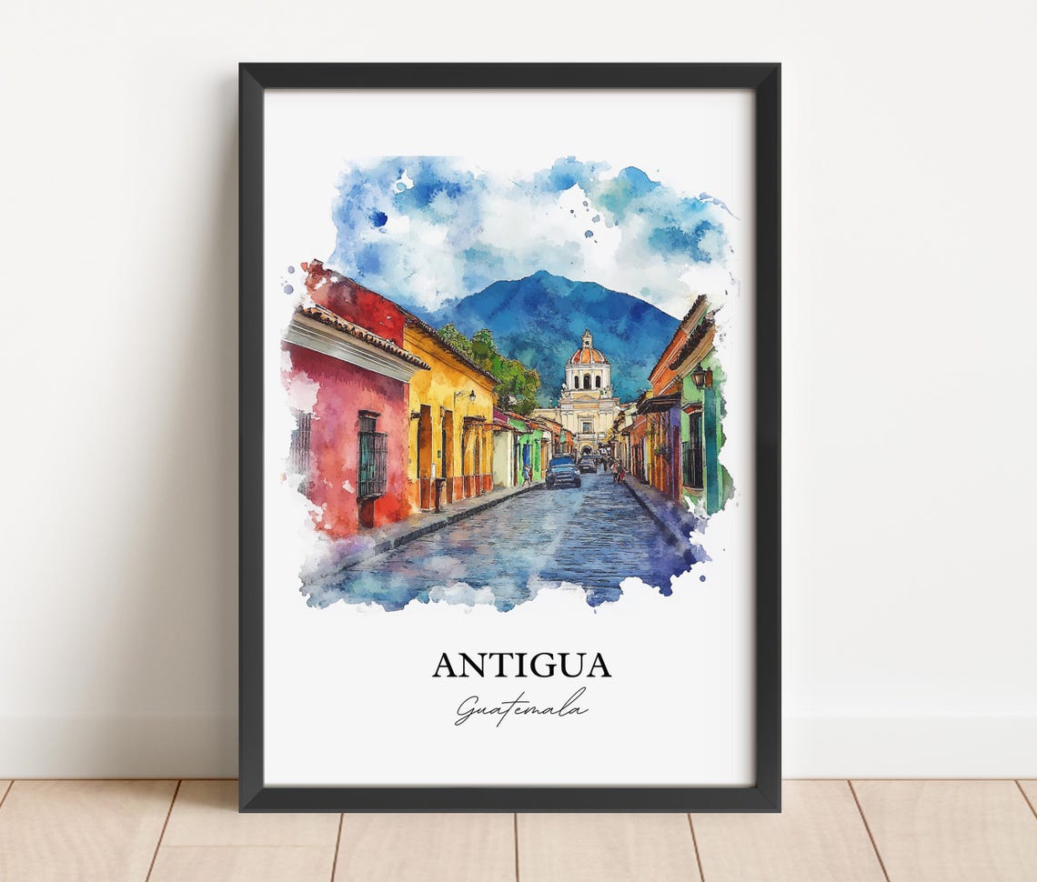 Antigua Guatemala Colonial Street Agua Volcano Watercolor Poster - Image 2