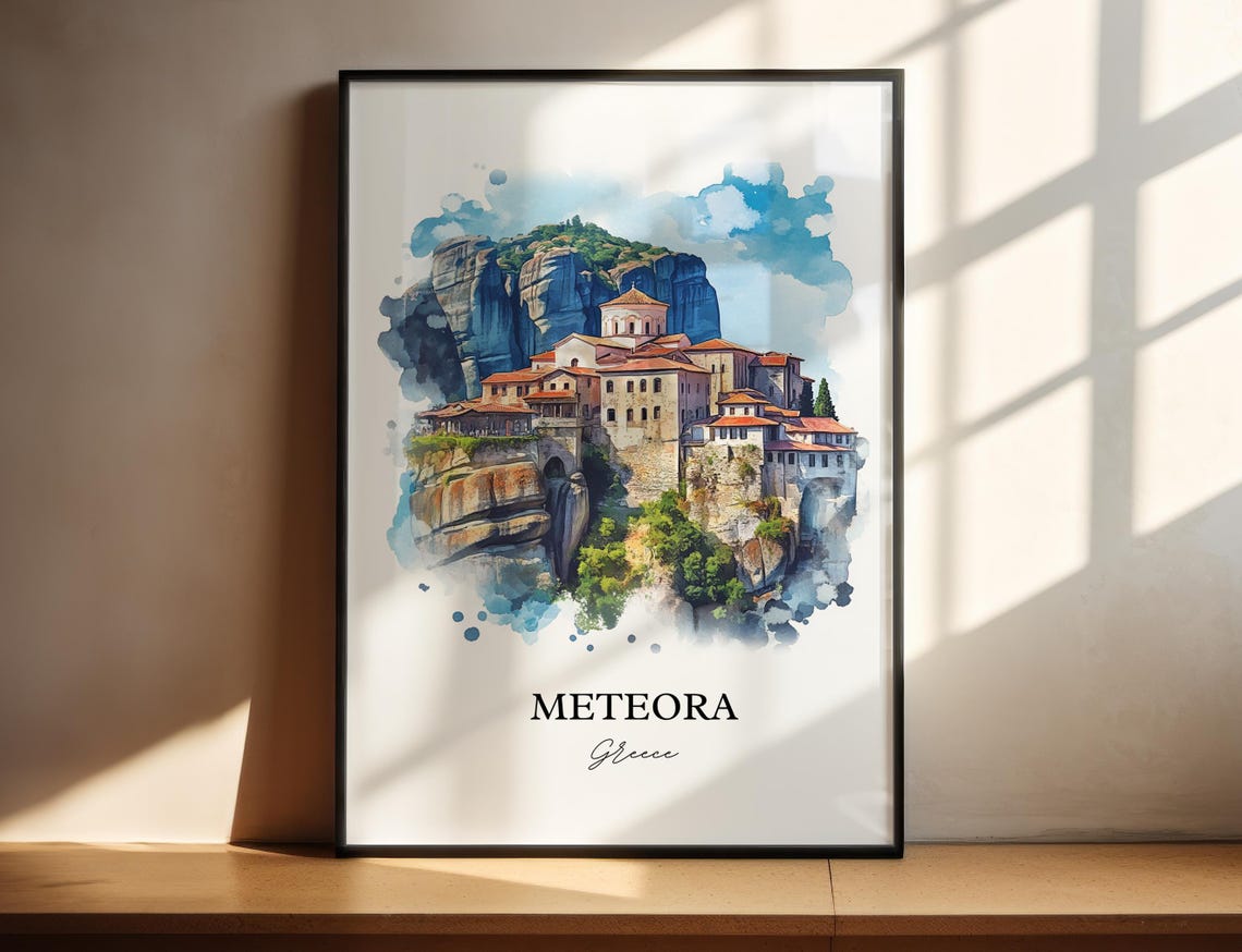 Meteora Greece Rock Pillar Monastery Watercolor Travel Poster