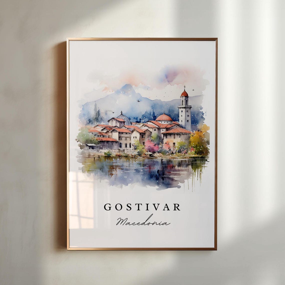 Gostivar Macedonia Riverside Old Town Watercolor Travel Poster