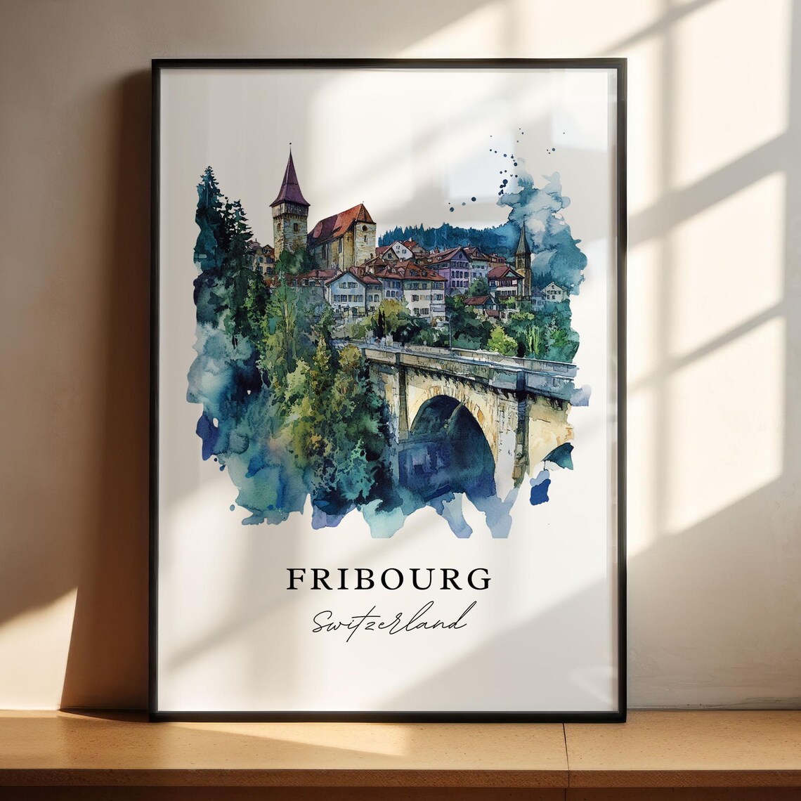 Fribourg Switzerland Old Town Bridge Watercolor Travel Poster - Image 5