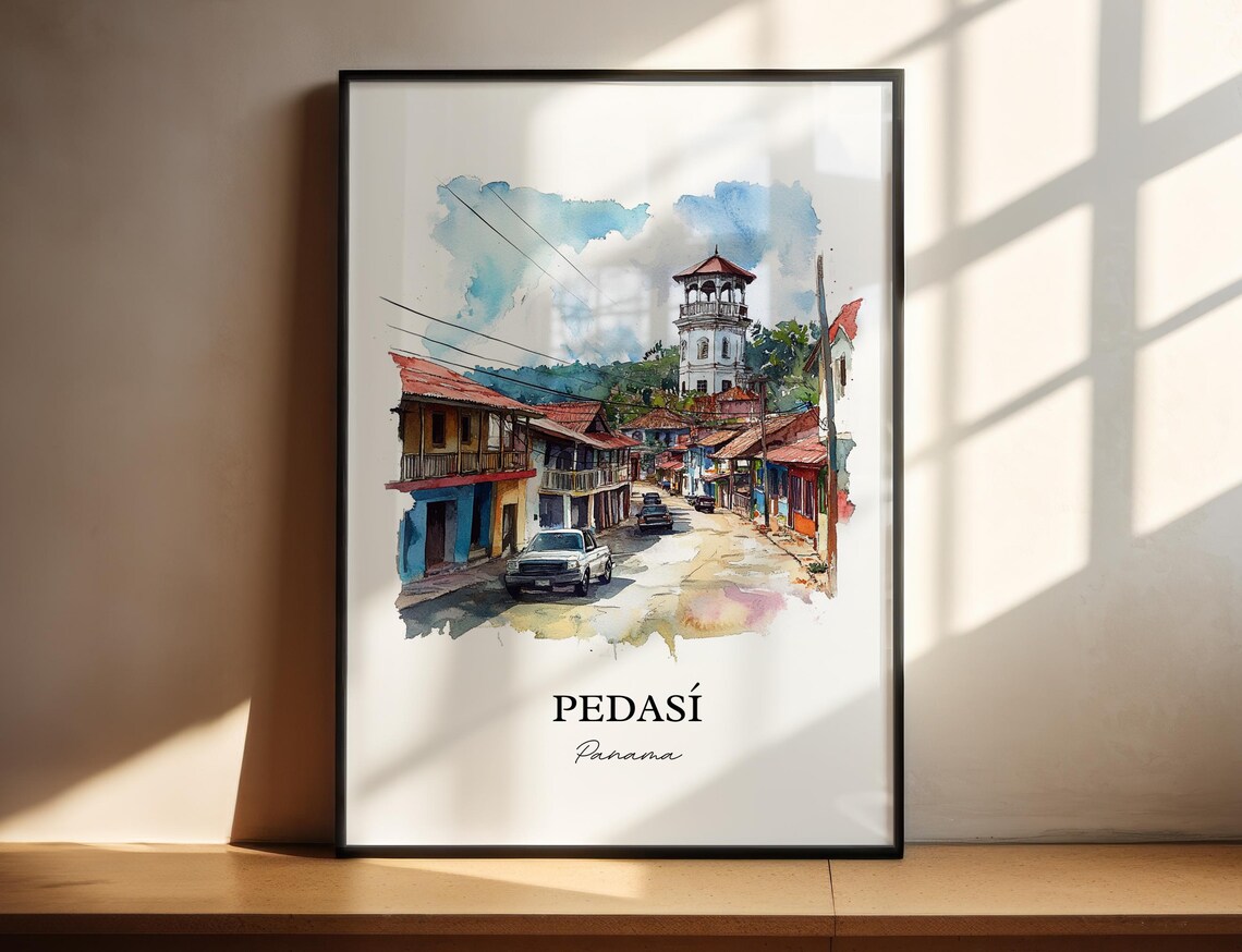 Pedasi Panama Colorful Street Bell Tower Colonial Watercolor Poster