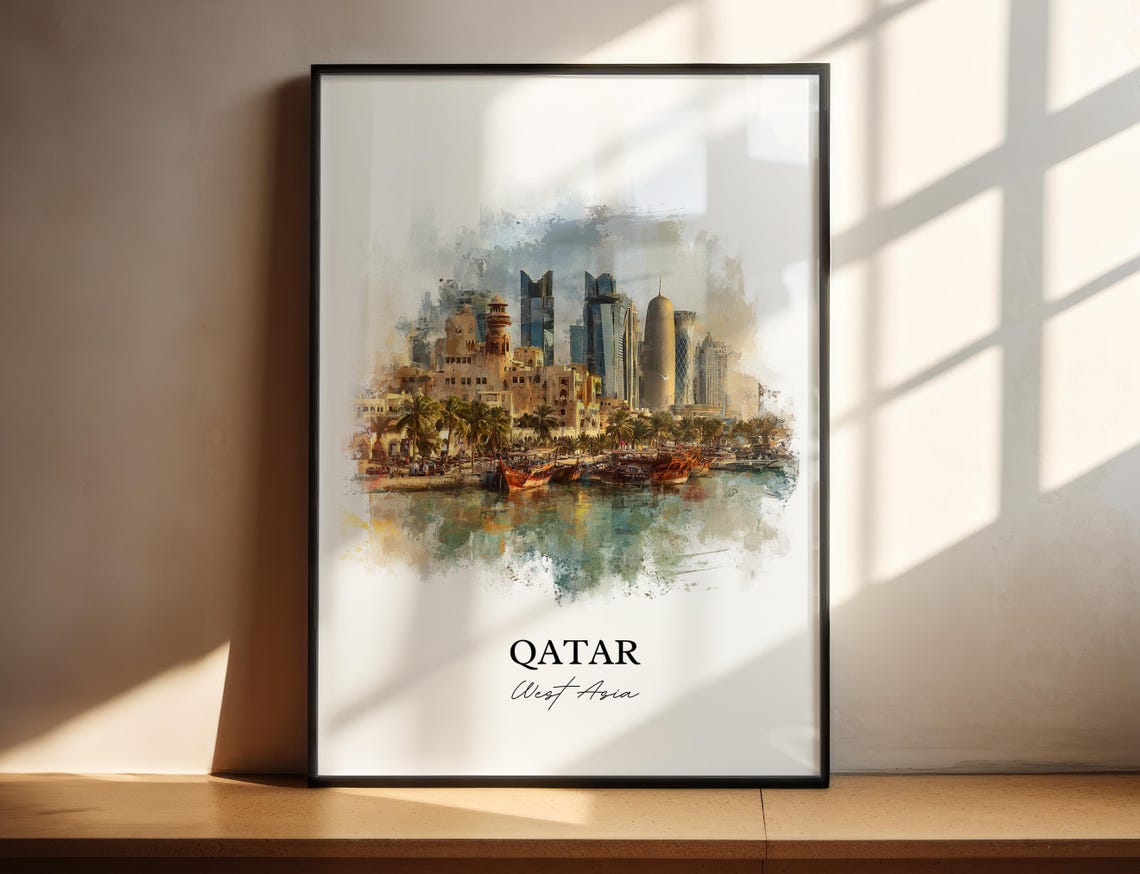 Qatar West Asia Waterfront Skyline Dhow Boats Watercolor Travel Poster