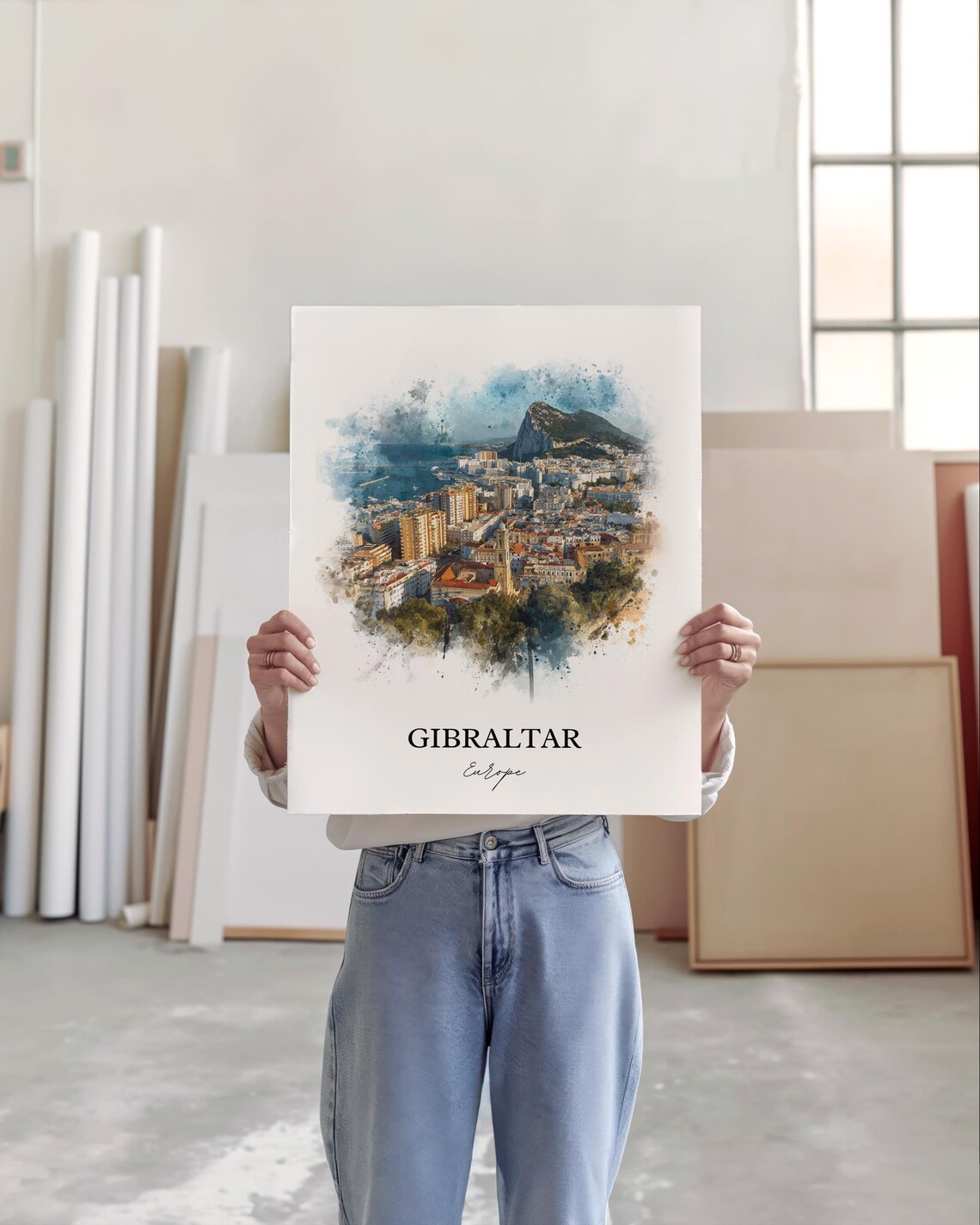 Gibraltar The Rock City Watercolor Aerial View Travel Europe Poster - Image 3