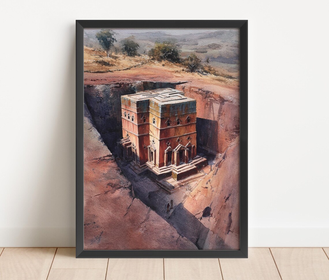Lalibela Rock Hewn Church in Ethiopia Red Cliffs Watercolor Travel Poster