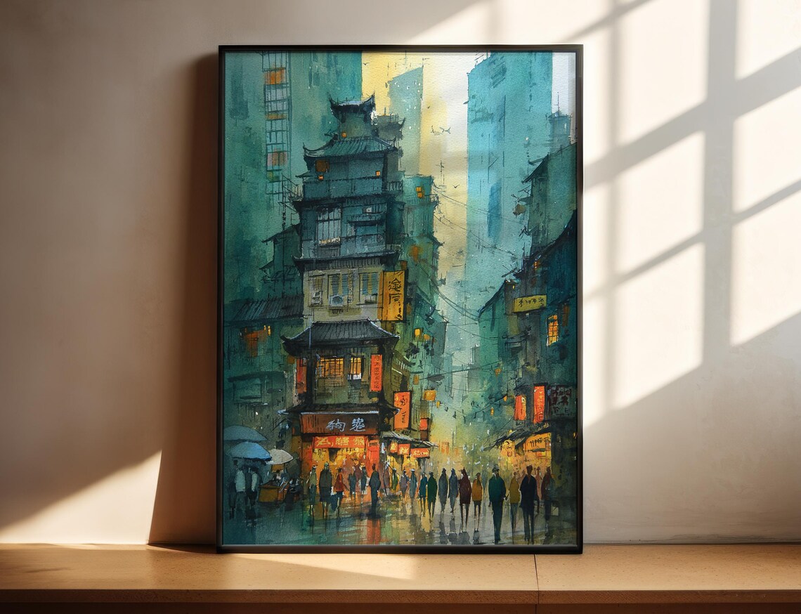 Chinese Night Market Street Pagoda Neon Signs Watercolor Poster