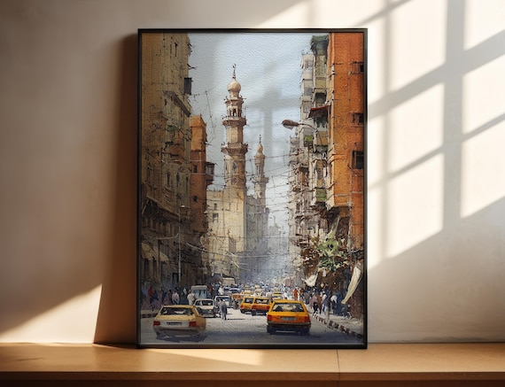 Cairo Egypt Bustling Old Street Mosque Watercolor Travel Poster