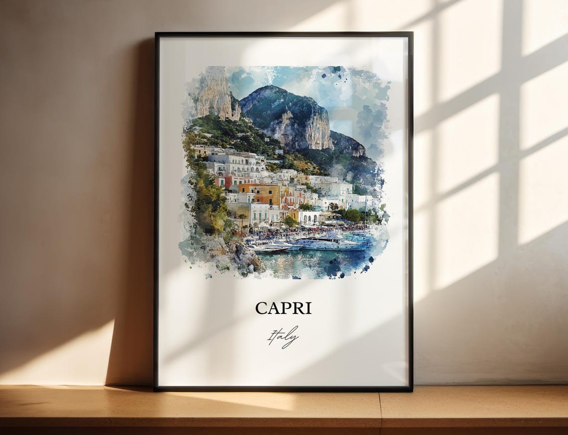 Capri Italy Island Harbor Marina Cliffs Watercolor Travel Poster