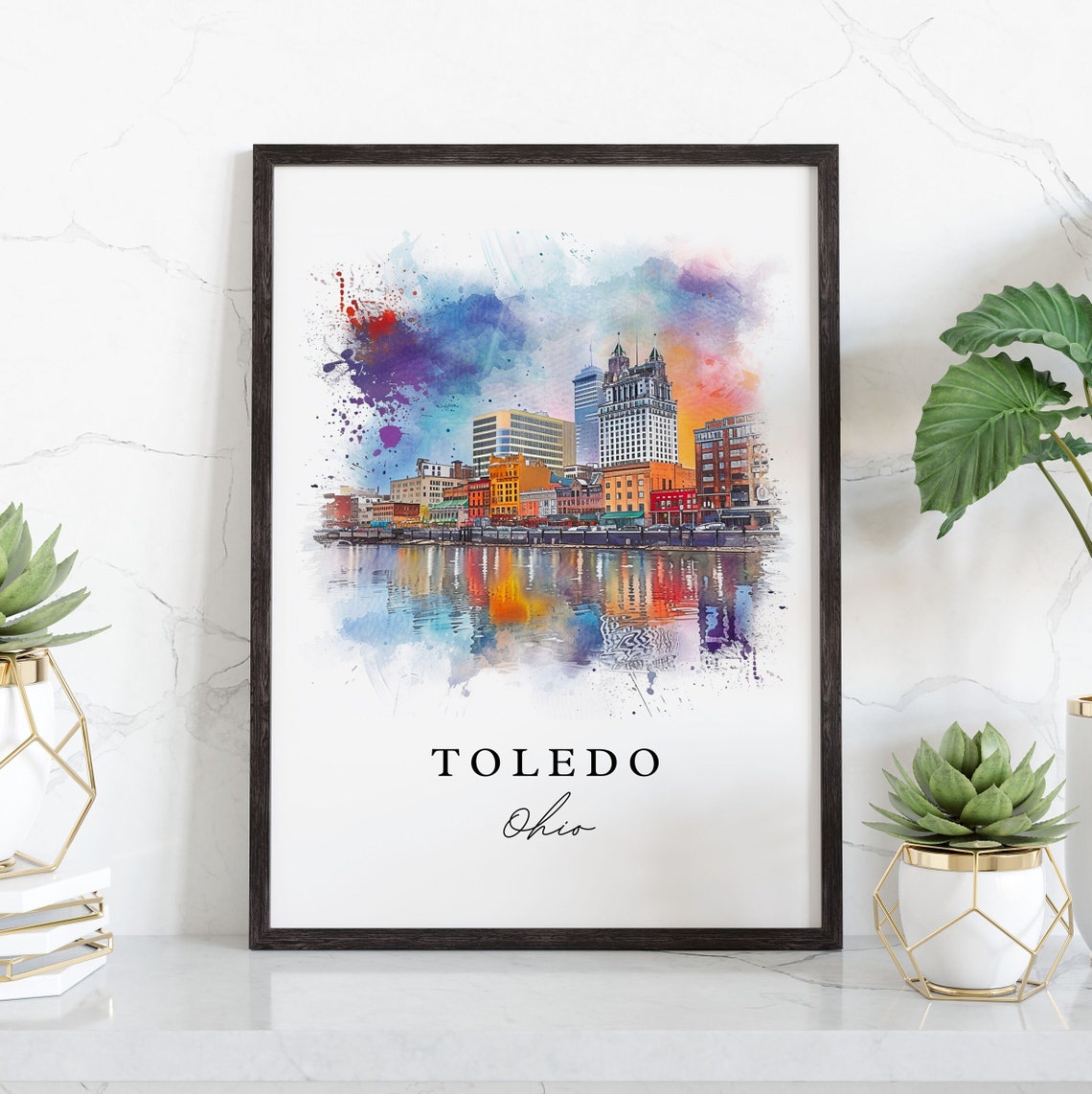 Toledo Ohio Riverfront Skyline Reflection Watercolor City Art Poster - Image 3