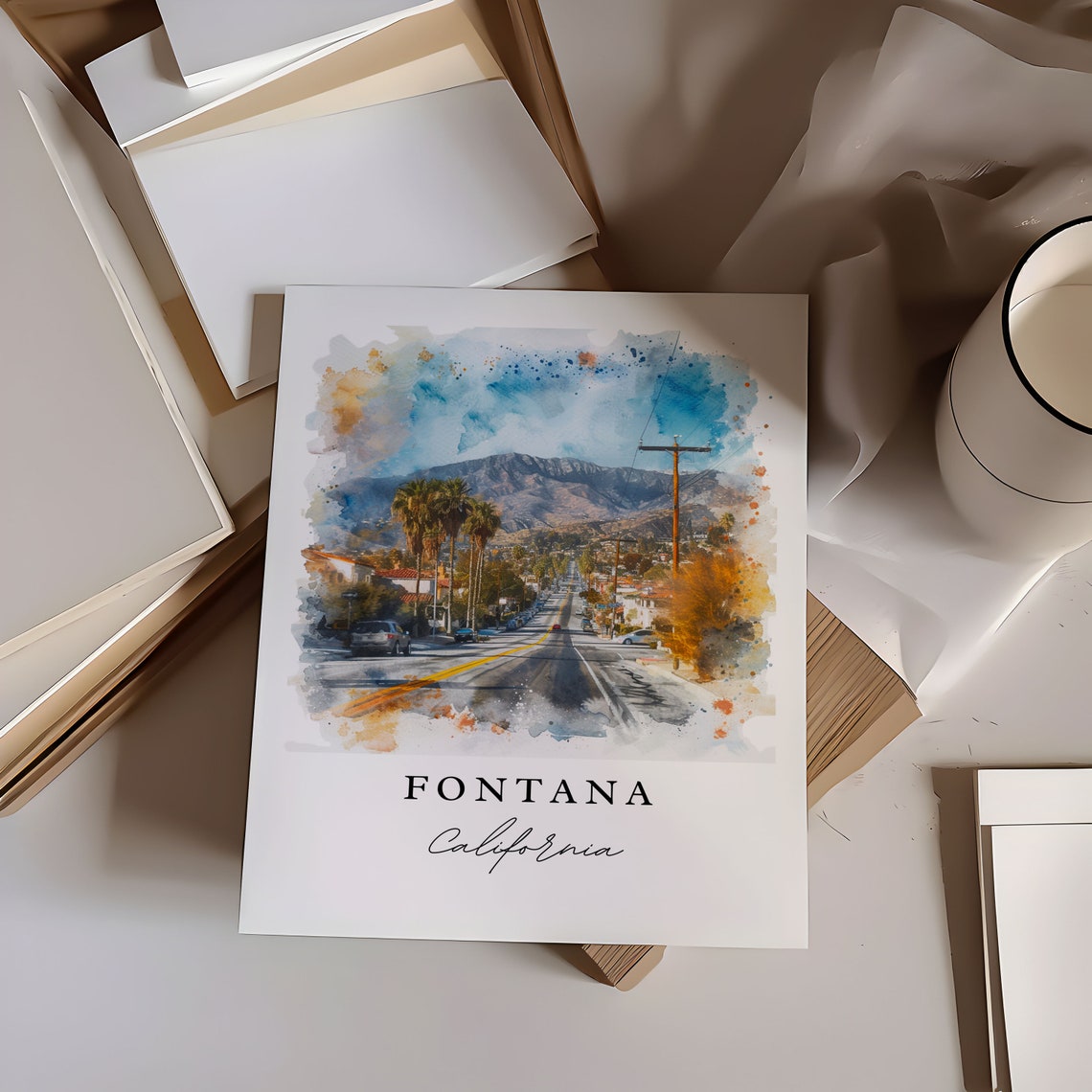 Fontana California Sunlit Palm Lined Street Mountain View Poster - Image 6