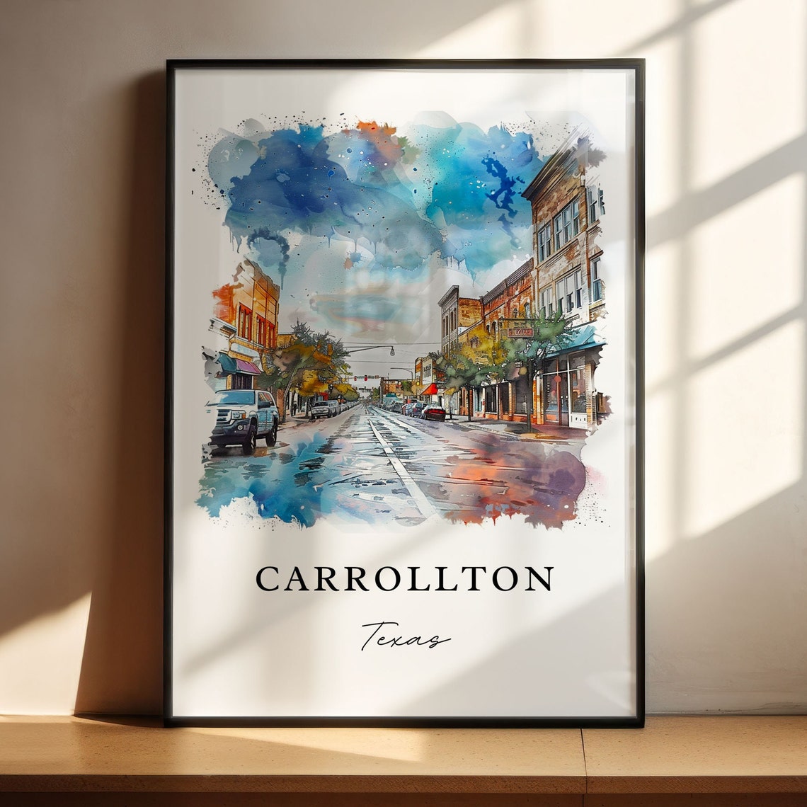 Carrollton Texas Rainy Main Street Watercolor Print Home Decor Art