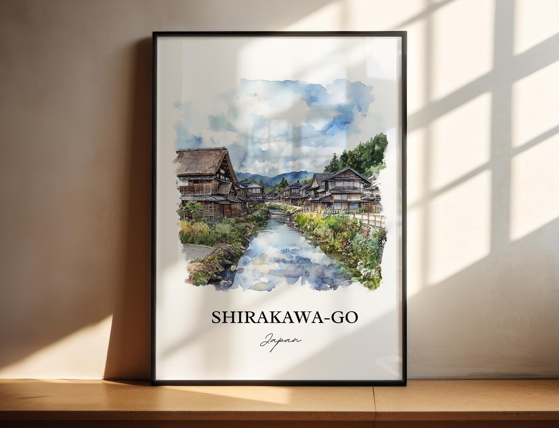 Shirakawa-go Japan Watercolor Thatched Village Canal Scene Poster