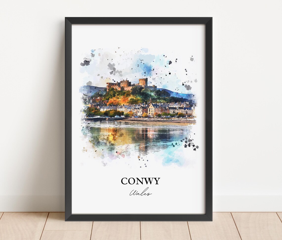 Conwy Wales Watercolor Castle Hilltop Town Harbor Reflection Poster - Image 2
