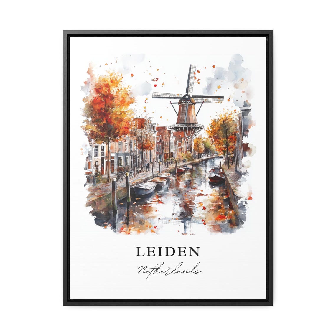 Leiden Netherlands Canal Windmill Autumn Watercolor City Poster - Image 2
