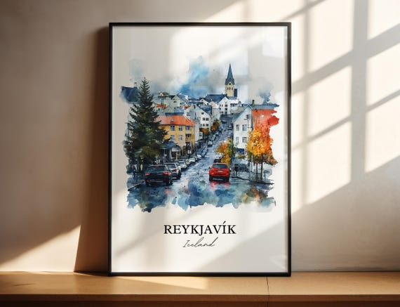 Reykjavik Iceland Watercolor Travel Poster, Art Print